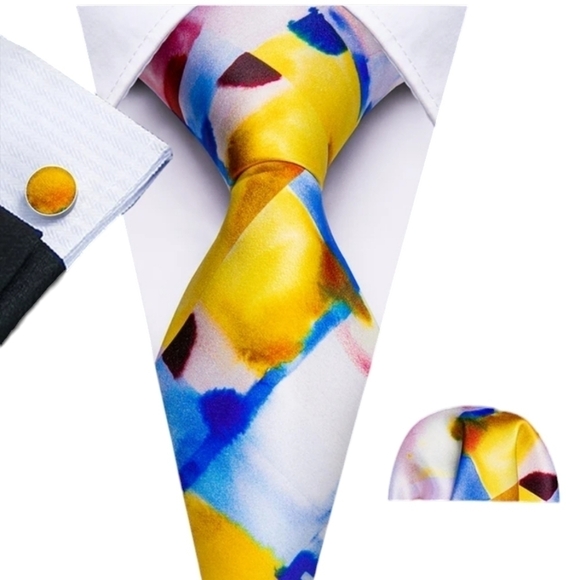 NWT Barry Wang 3pcs Tie set, 100 % silk necktie,cufflinks ,pocket square - Picture 3 of 16
